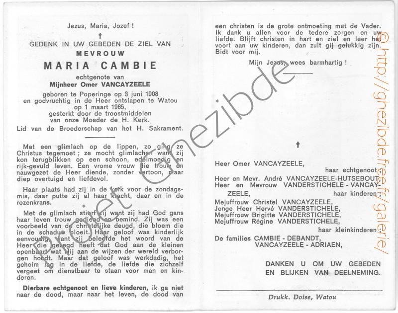 Marie Cambie echtgenote van Omer Vancayzeele, overleden te Watou, den 1 Maart 1965.